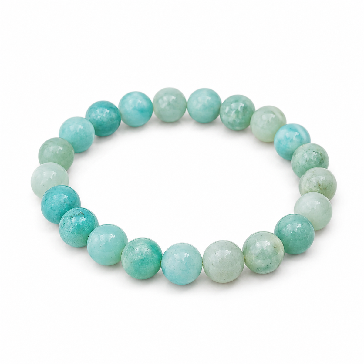Amazonite crystal bead bracelet with pale aqua and green polished beads on white background