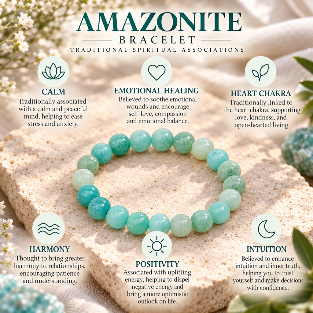 Amazonite bracelet infographic on traditional associations with calm and harmony