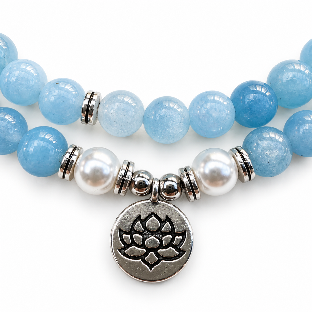 Aquamarine Mala Necklace – additional jewellery photograph showing gemstone colours and design