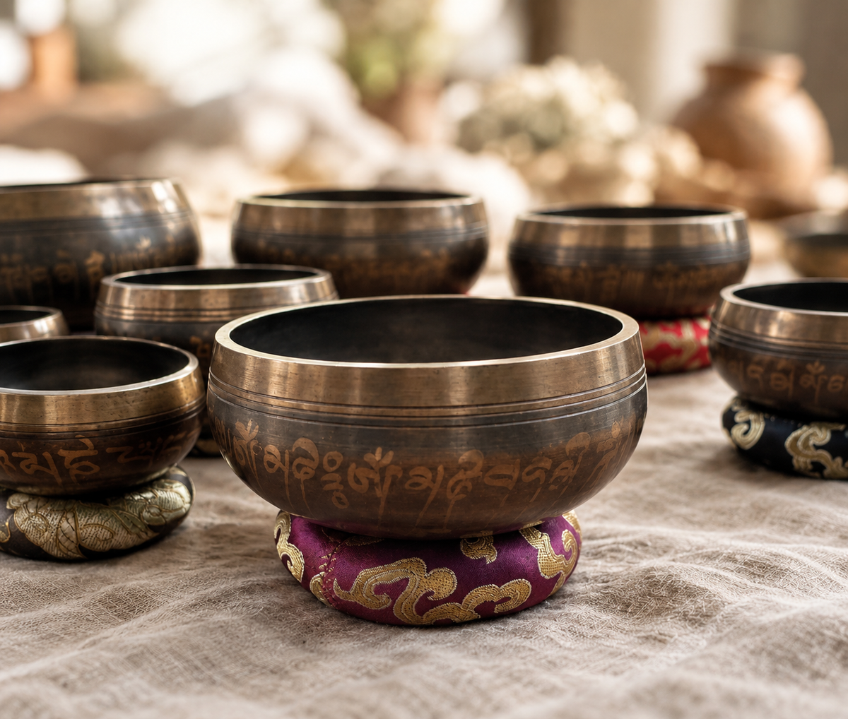 Set of 8 brass Singing Bowls. 8-17.5 cm
