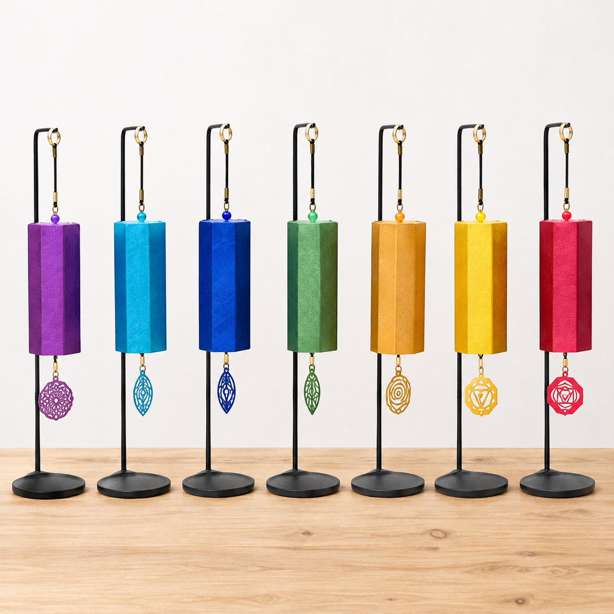 Seven Chakra Tuned wind Chimes with cast iron stands.