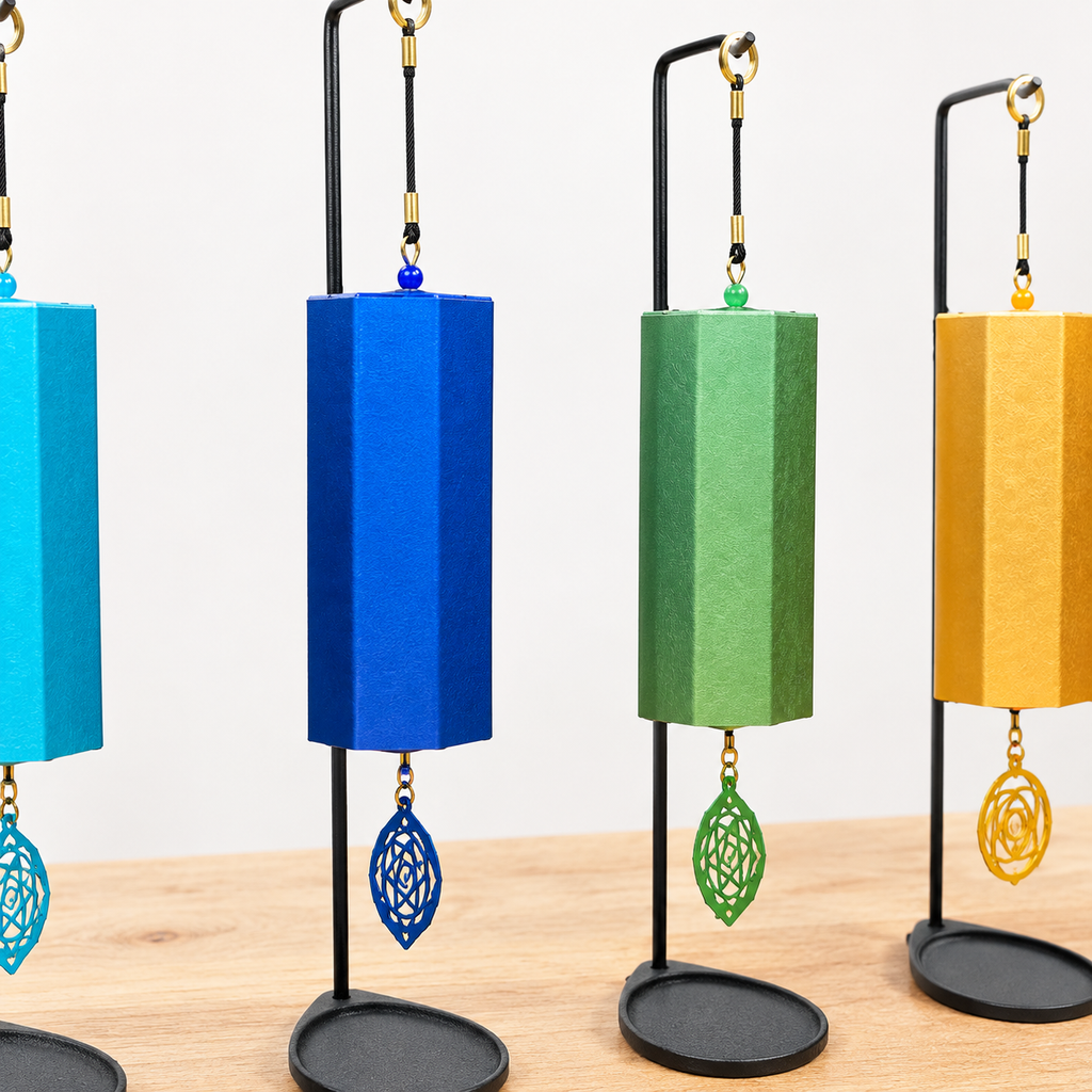 Seven Chakra Tuned wind Chimes with cast iron stands.