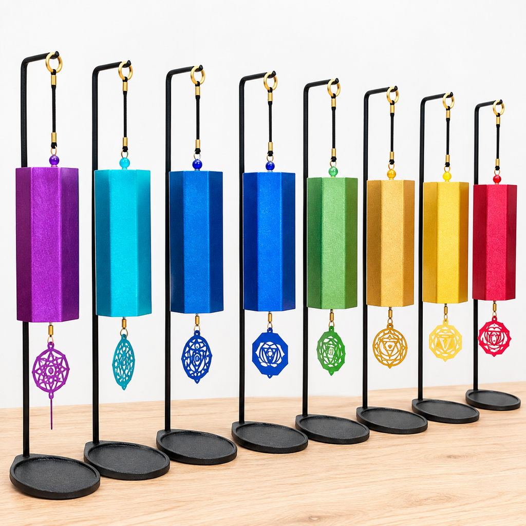 Seven Chakra Tuned wind Chimes with cast iron stands.