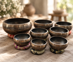 Set of 8 brass Singing Bowls. 8-17.5 cm
