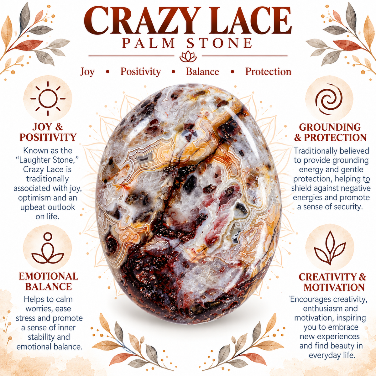 Crazy Lace Agate palm stone traditional spiritual associations guide
