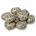 Group of polished Dalmatian Jasper heart-shaped palm stones showing natural variations