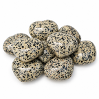 Group of polished Dalmatian Jasper heart-shaped palm stones showing natural variations