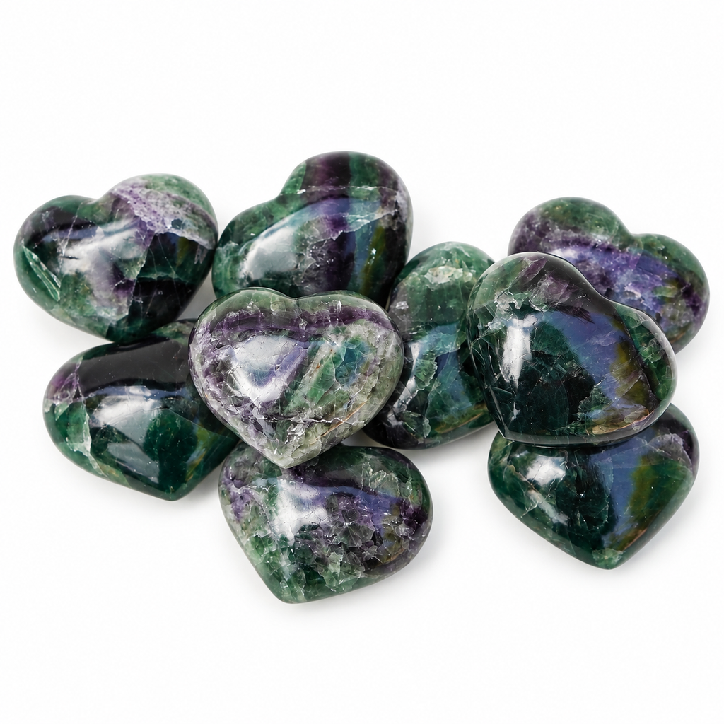Group of polished Rainbow Fluorite heart-shaped palm stones showing natural variations