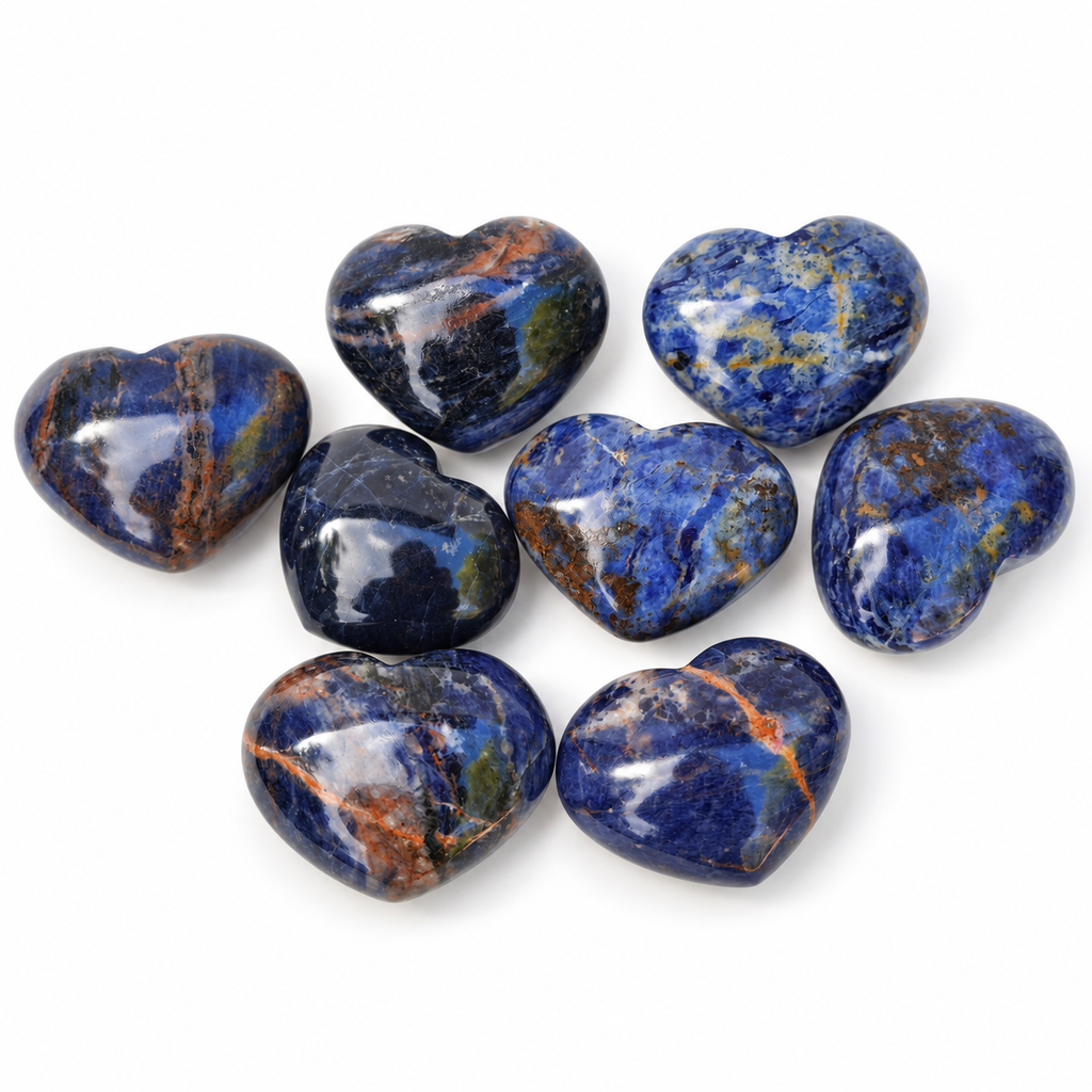 Group of polished Sodalite heart-shaped palm stones showing natural variations