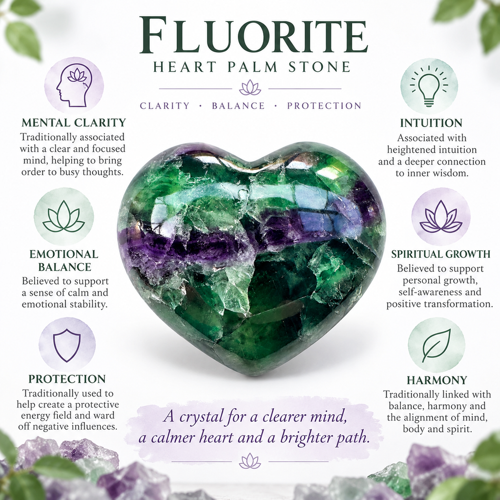 Rainbow Fluorite heart palm stone infographic about traditional clarity and balance associations