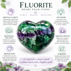 Rainbow Fluorite heart palm stone infographic about traditional clarity and balance associations