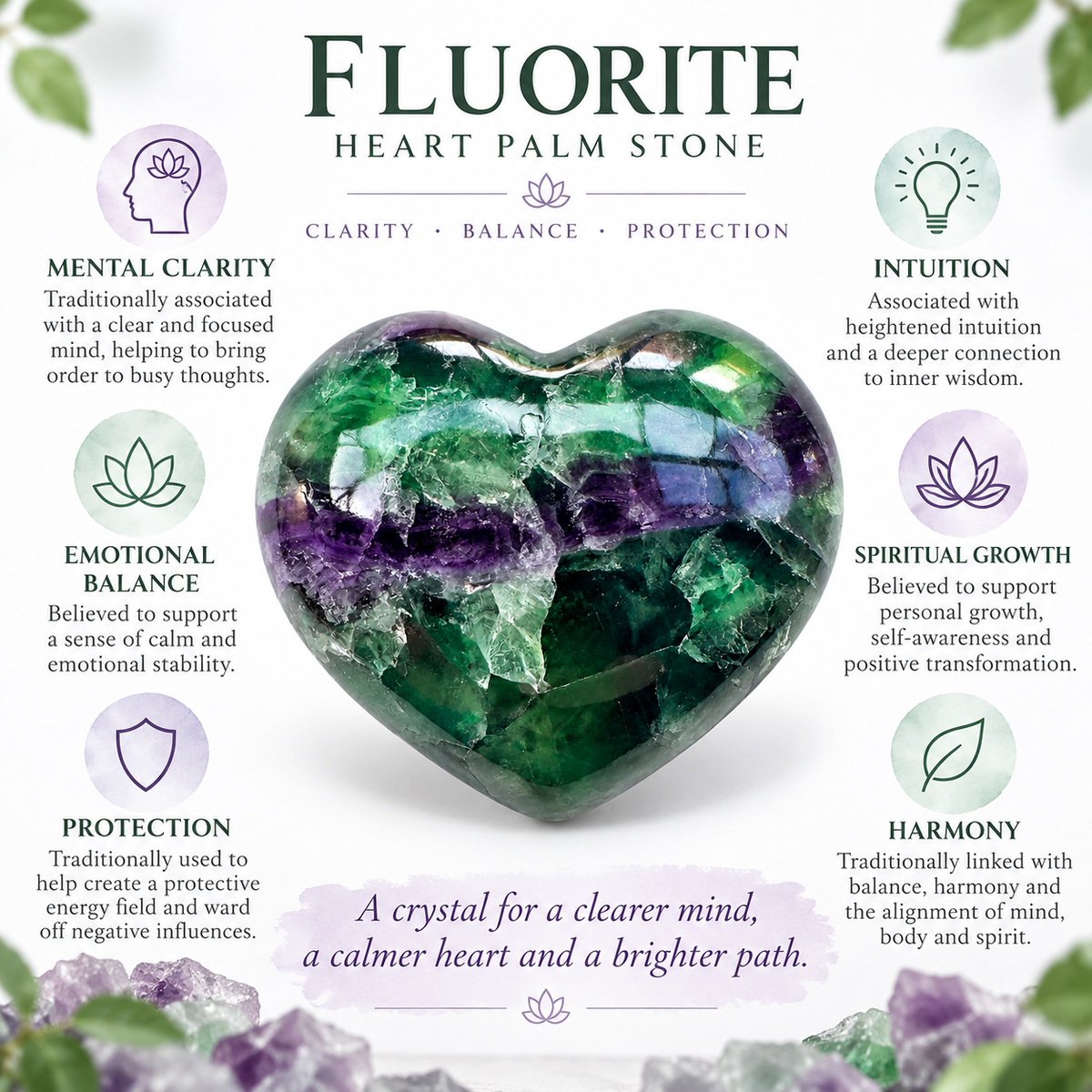 Rainbow Fluorite heart palm stone infographic about traditional clarity and balance associations