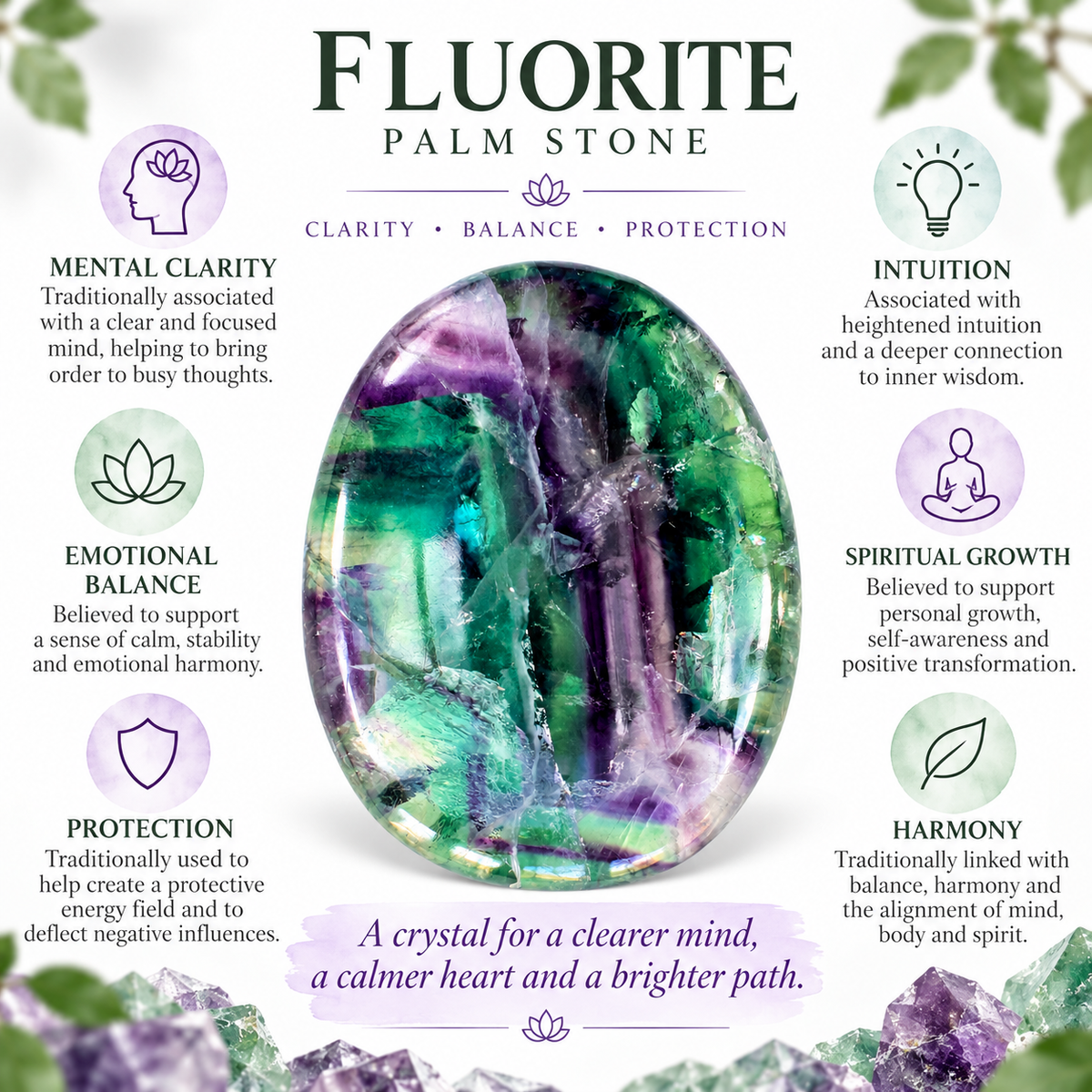 Rainbow Fluorite palm stone infographic about traditional clarity and balance associations