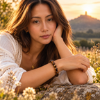 Woman wearing golden brown Tiger Eye gemstone bracelet in warm natural light