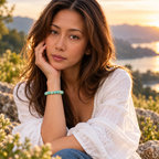 Woman wearing aqua green Amazonite bead bracelet in golden hour coastal portrait