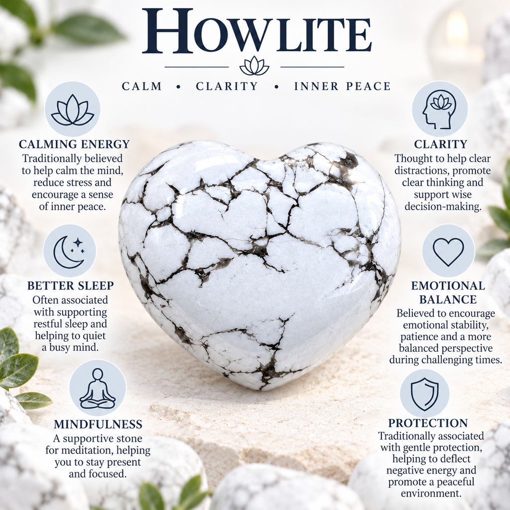Howlite heart palm stone infographic about traditional calm and clarity associations