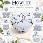 Howlite heart palm stone infographic about traditional calm and clarity associations
