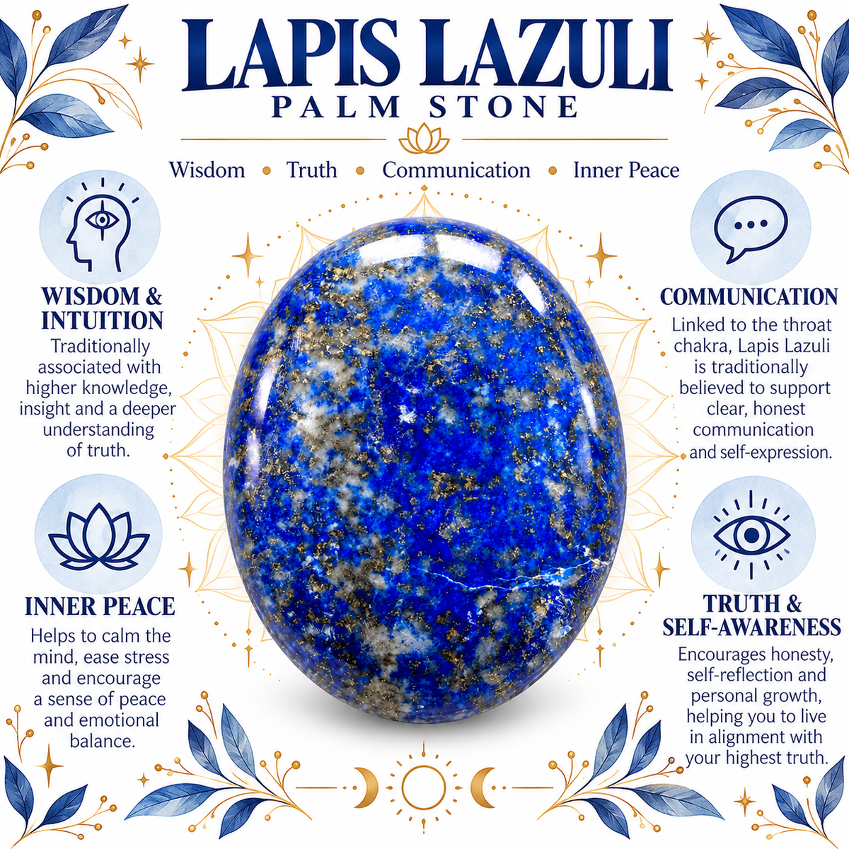 Lapis Lazuli palm stone infographic explaining traditional associations with wisdom and intuition