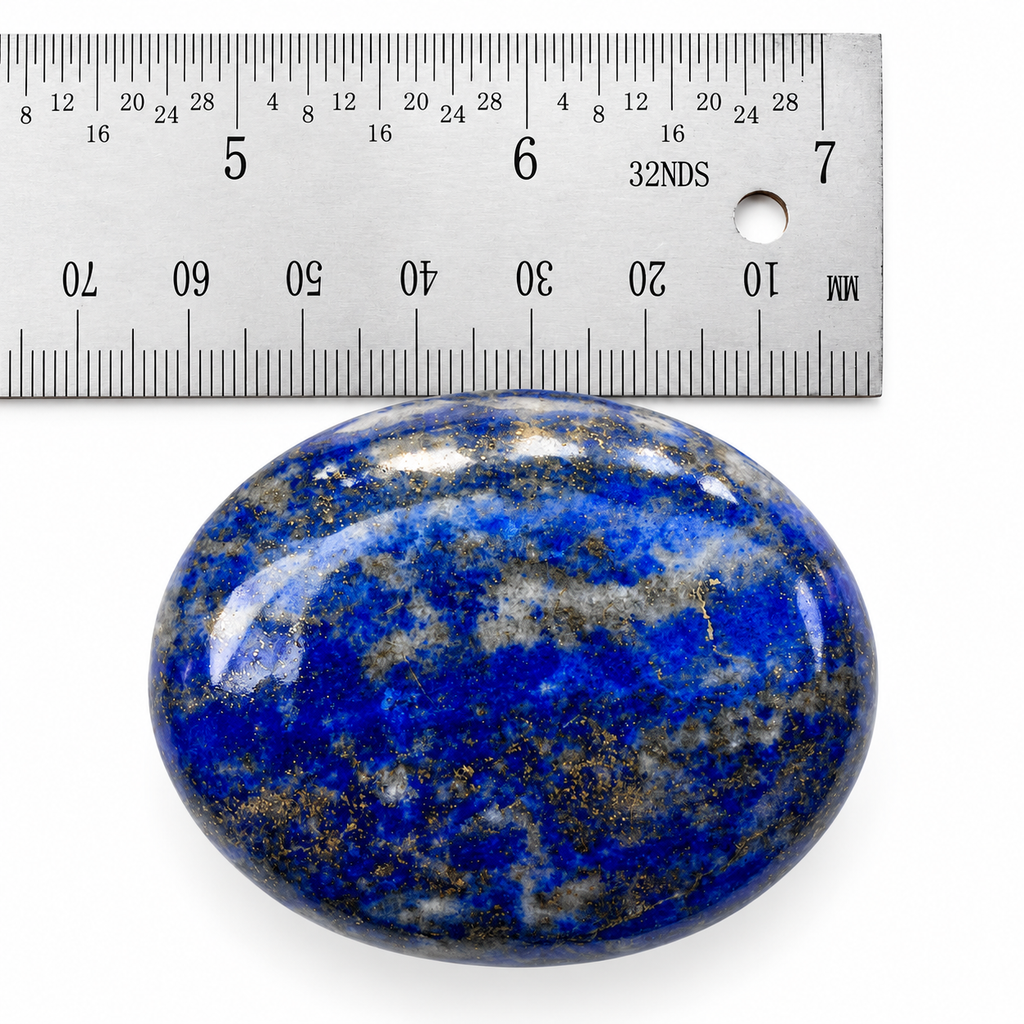 Polished blue Lapis Lazuli palm stone beside a metal ruler showing its size