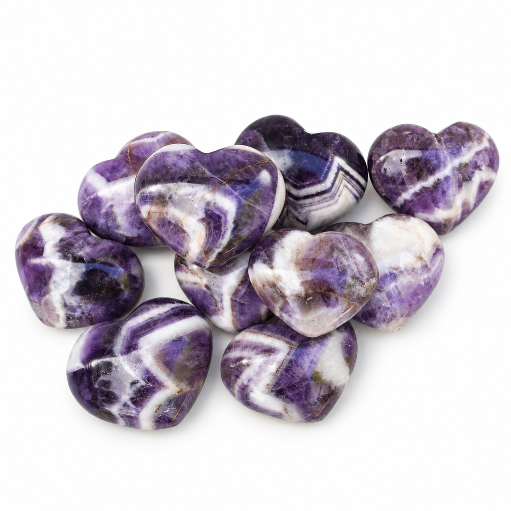 Group of polished Banded Amethyst heart-shaped palm stones showing natural variations