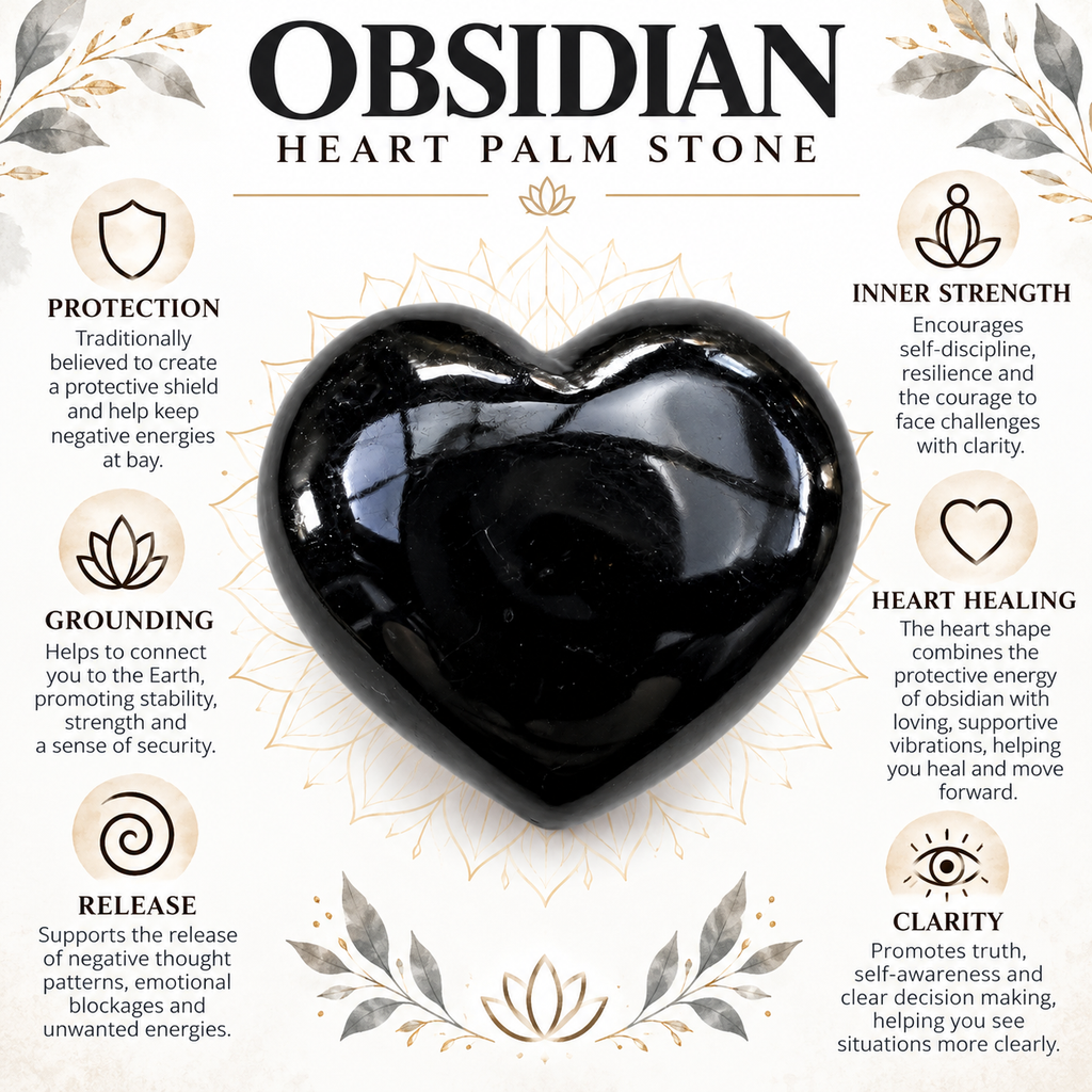Black Obsidian heart palm stone traditional spiritual associations guide