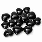 Group of polished Black Obsidian heart-shaped palm stones showing natural variations