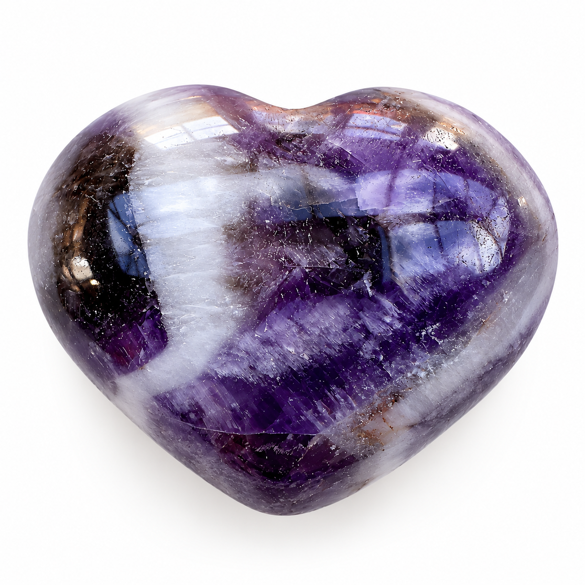 Polished Banded Amethyst heart-shaped palm stone showing natural colour and markings