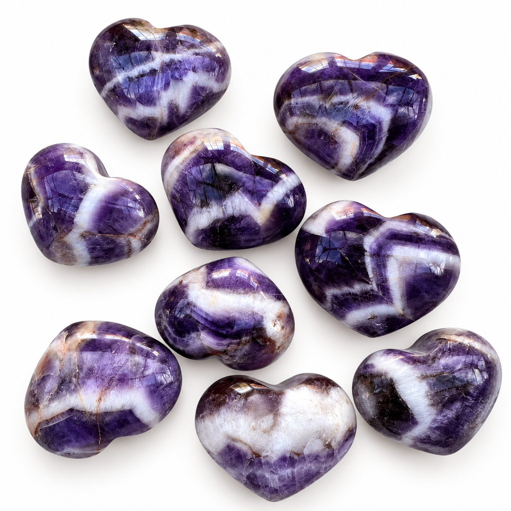 Group of polished Banded Amethyst heart-shaped palm stones showing natural variations