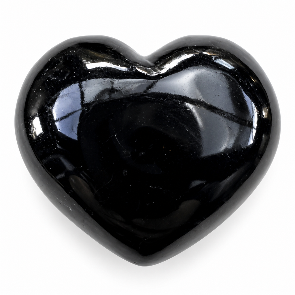 Polished Black Obsidian heart palm stone with deep glossy black finish