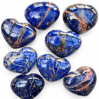 Group of polished Sodalite heart-shaped palm stones showing natural variations