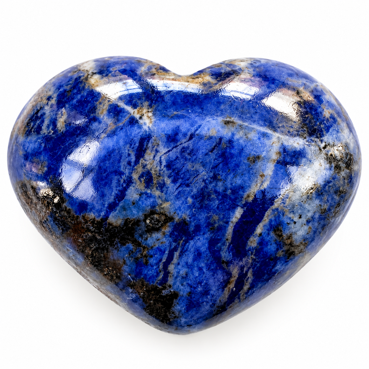 Polished blue Sodalite heart palm stone with natural white veining