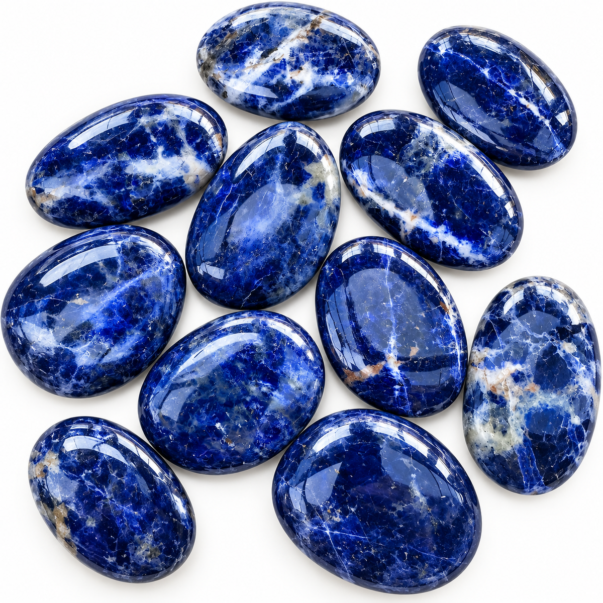 Group of polished blue Sodalite palm stones showing individual white veining