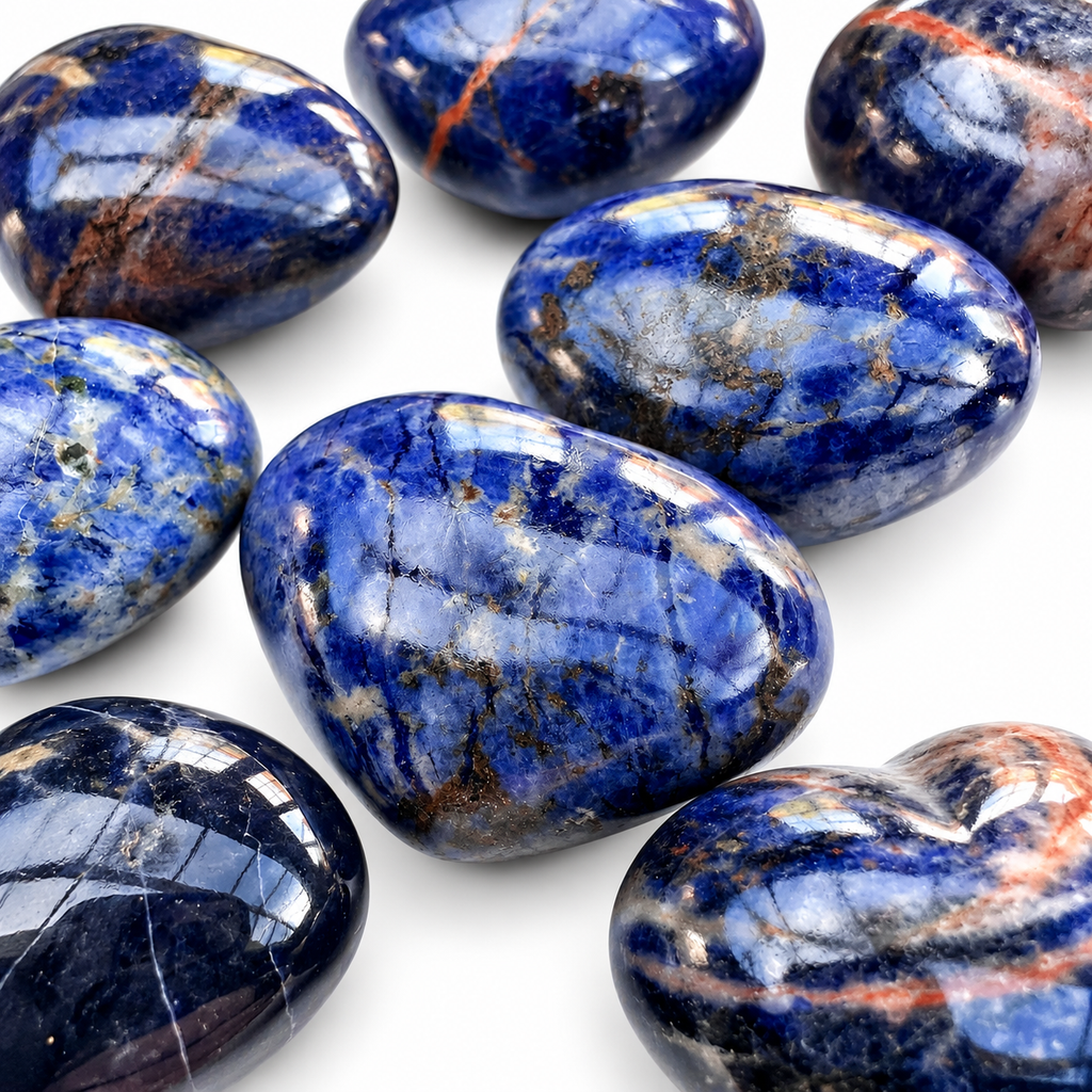 Polished Sodalite heart-shaped palm stone showing natural colour and markings