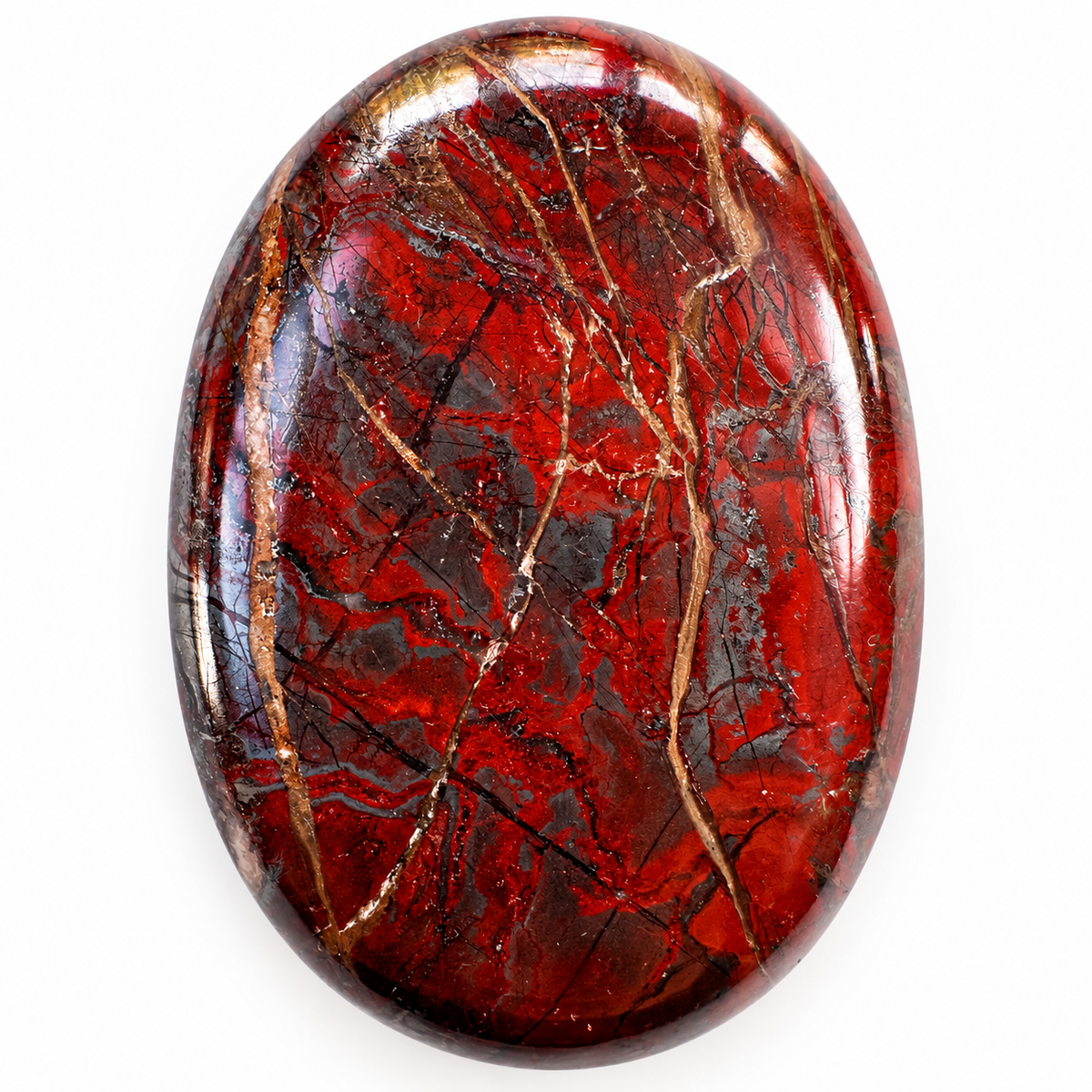 Close-up of a polished red and grey Jasper palm stone with brecciated pattern