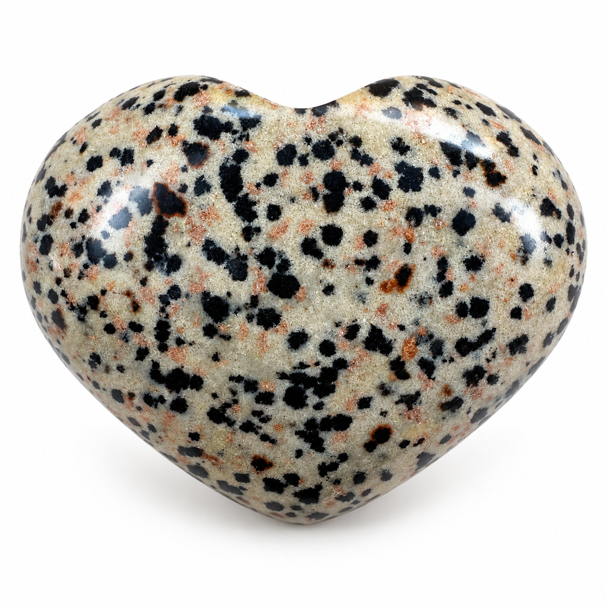 Polished Dalmatian Jasper heart-shaped palm stone showing natural colour and markings