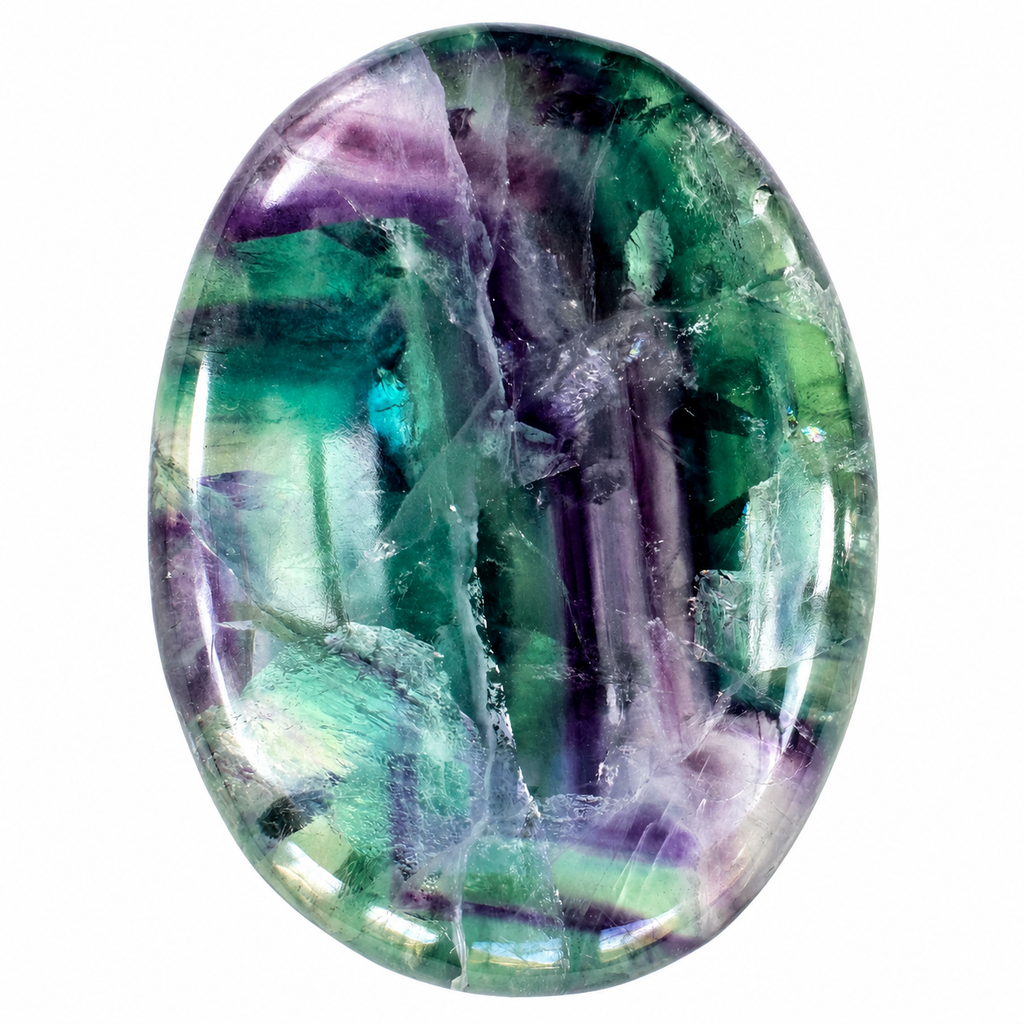 Oval polished Rainbow Fluorite palm stone with translucent green and purple bands