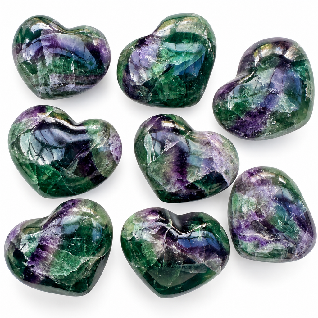 Collection of polished green and purple Rainbow Fluorite crystal hearts