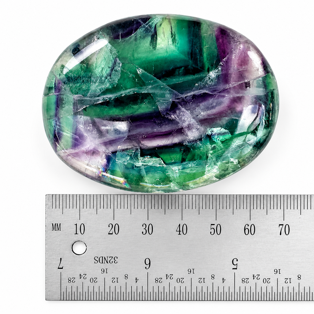 Green and purple Rainbow Fluorite palm stone beside metal ruler for size reference