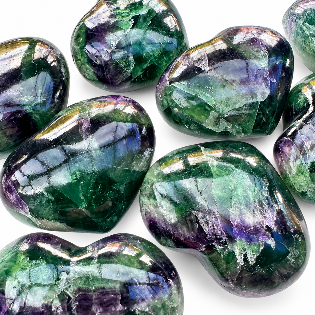 Close-up of polished Rainbow Fluorite crystal hearts with natural green and purple patterns