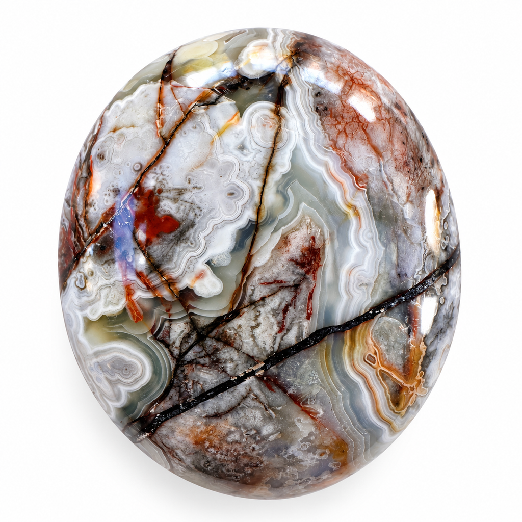 Polished Crazy Lace Agate palm stone showing natural colour and markings