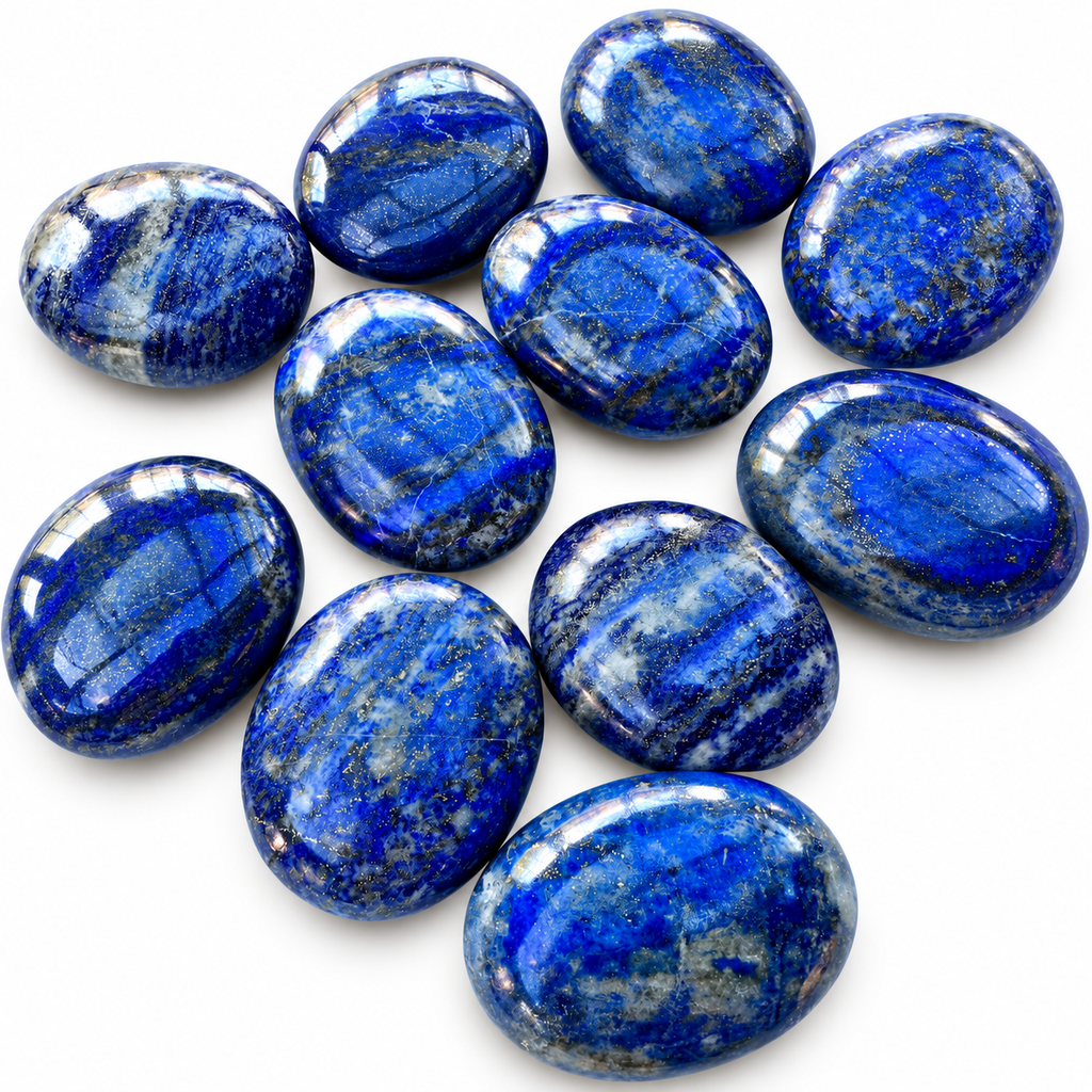 Group of polished Lapis Lazuli palm stones showing natural variations