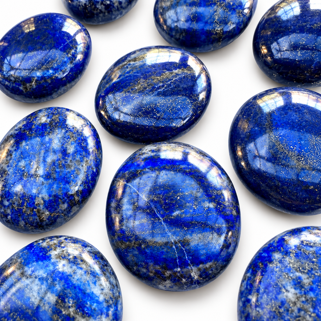 Group of polished Lapis Lazuli palm stones showing natural variations