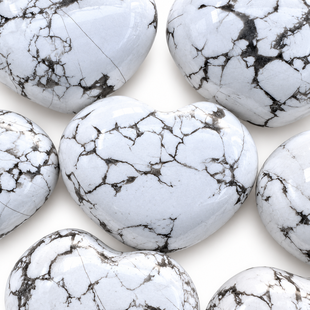 Group of polished Howlite heart-shaped palm stones showing natural variations