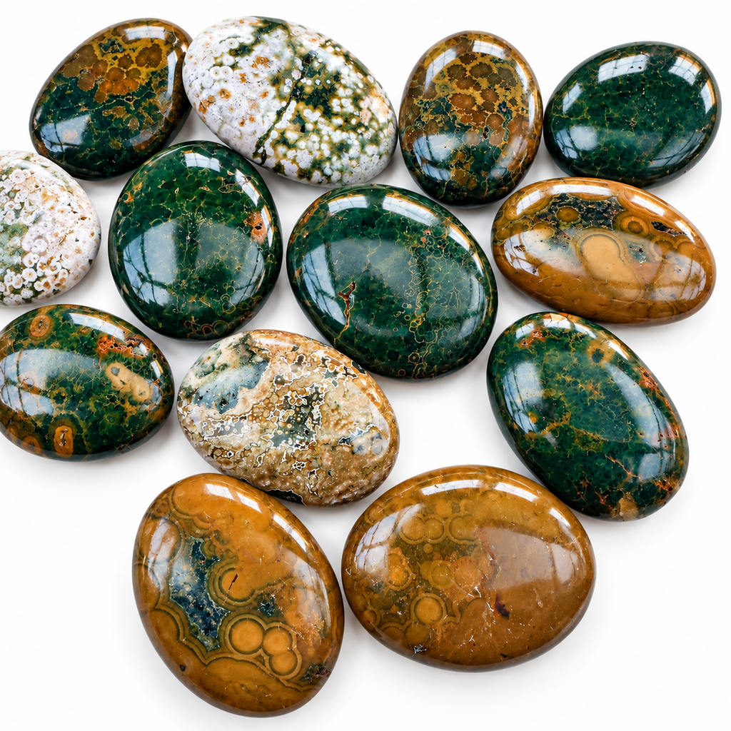 Group of polished Ocean Jasper palm stones showing natural variations