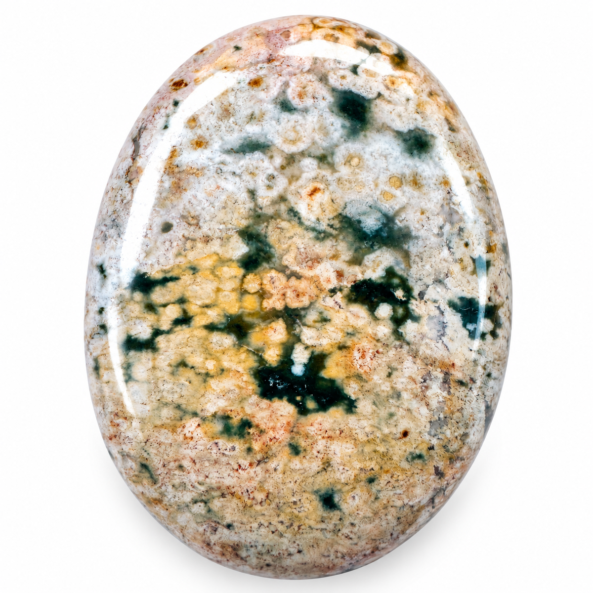 Polished Ocean Jasper palm stone showing natural colour and markings