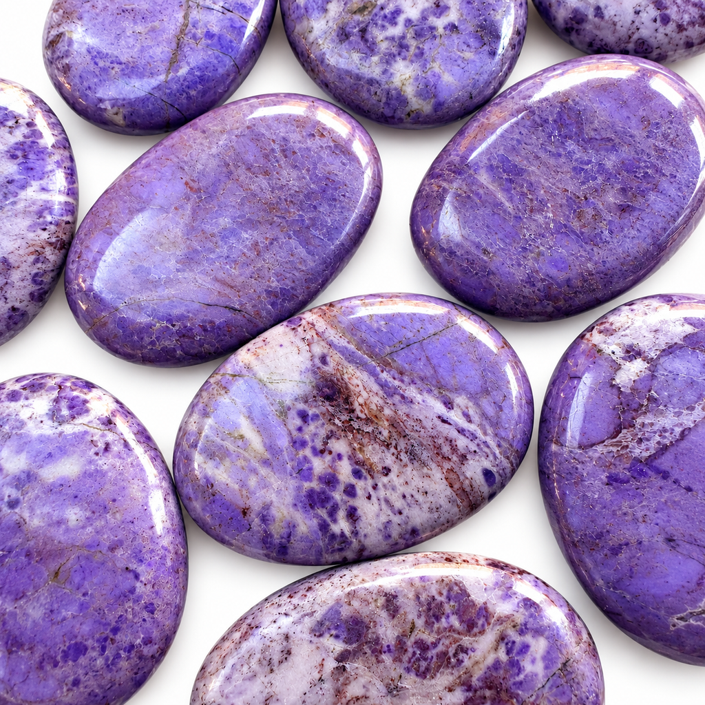 Group of polished Purple Jade palm stones showing natural variations