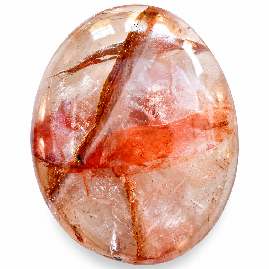 Polished Fire Quartz palm stone showing natural colour and markings