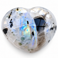 Polished Rainbow Moonstone heart-shaped palm stone showing natural colour and markings