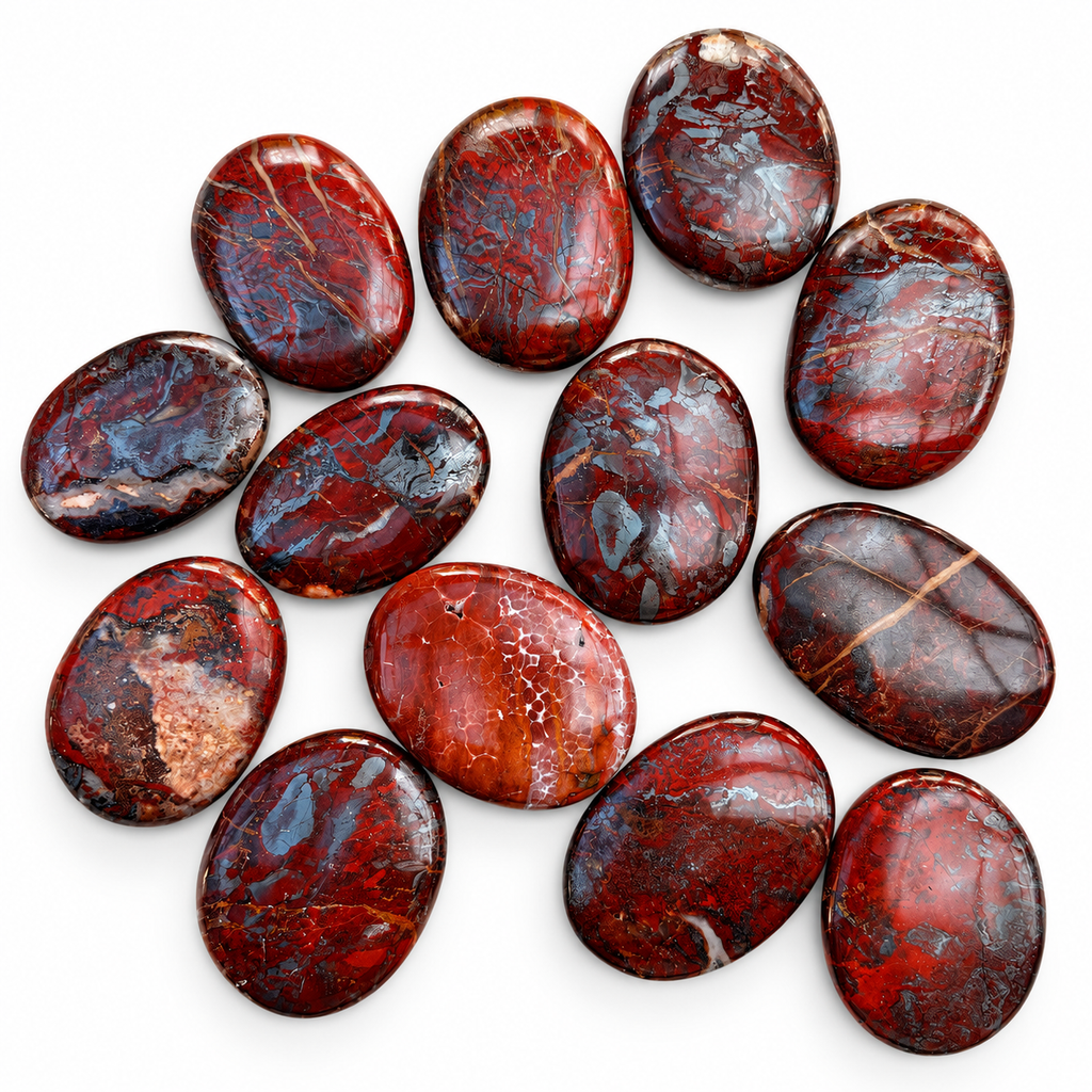 Several polished Red Jasper Hematite palm stones showing different patterns
