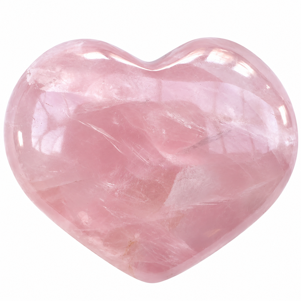Polished pale pink Rose Quartz heart-shaped palm stone on white background